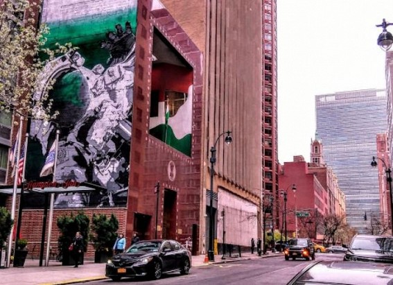NY mural of astronaut, Gandhi talks about future