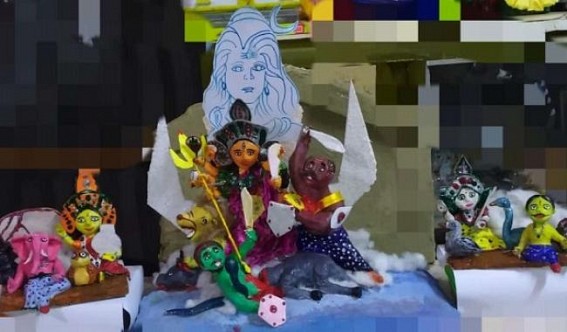 13 yrs old boy made little Durga idol with papers, old clothes pieces 