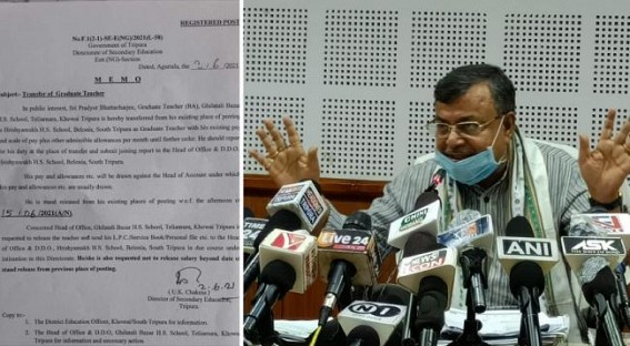 Tripura Teacher alleged vendetta transfer for supporting BJP MLA Sudip Roy Barman