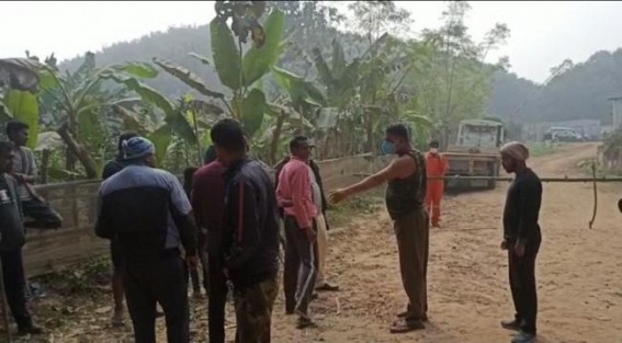 Poor farmer's family blocked ONGC office main gate demanding compensation for destroying farm land, in Bishalgarh
