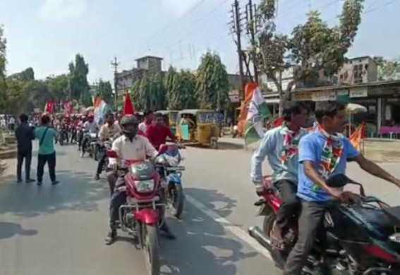 Bike Rally organized in Teliamura by Left-Congress for candidate Ashok Kumar Baidya