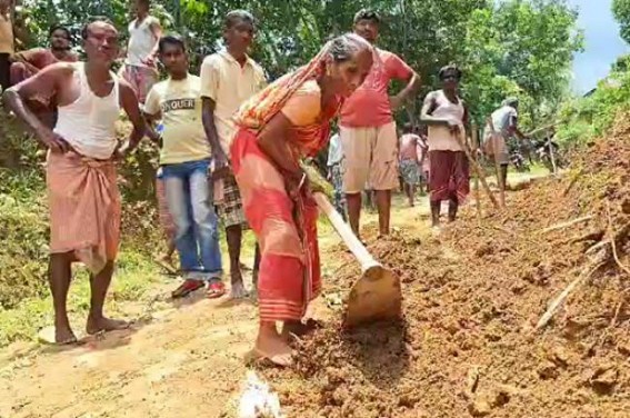 Model Village Scam :  Villagers are forced to fix the road by themselves as Panchayat constructed only a few meters of road and sent photos to Central Govt