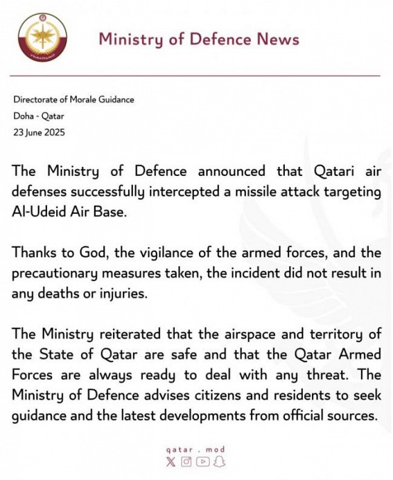 Qatar Defense Ministry confirmed 'No Casualties in Iranian Attack'