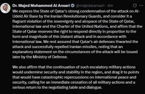 Qatar Condemns Iranian Missile Attack on US Military Base 