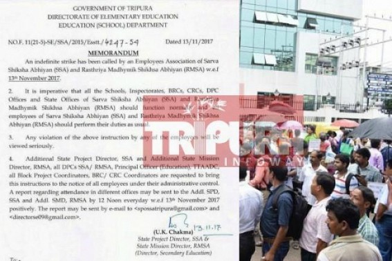  Double Standard Politics of CPI-M Govt with State Teachers : No rules for 10323 at the cost of 'Teacher-Crisis', but for SSA's Tripura Govt issues Job-Threats if continue 'Pen Down Strike' 