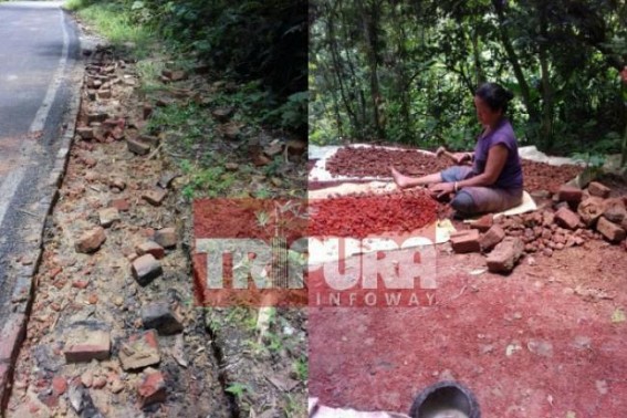 Villagers stealing bricks from roadside at Teliamura road