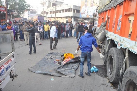 Horrifying road accident in Agartala : Giant truck smashes dialysis patient woman