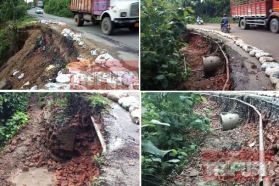 Assam-Agartala Road at Telimura turns risky after bricks were theft from the National Highway : Anytime connectivity may collapse 