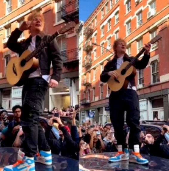 Ed Sheeran surprises fans with performance on top of car in New York