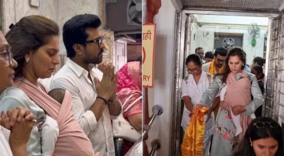 Ram Charan visits Mahalaxmi temple in Mumbai with wife Upasana, daughter Klin Kaara