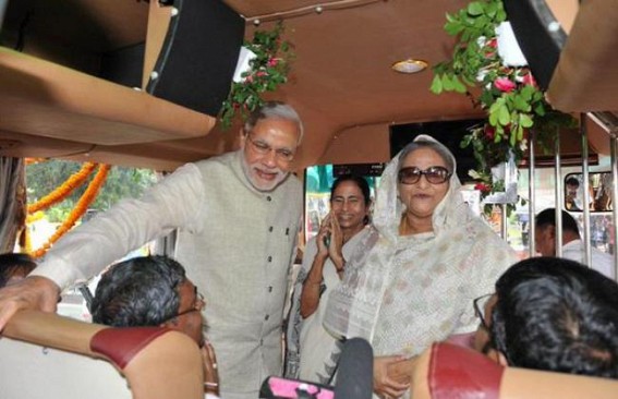 Historical LBA documents exchanged, Modi, Hasina greet Agartala-Dhaka-Kolkata, Dhaka-Shillong-Dhaka bus passengers Historical LBA documents exchanged, Modi, Hasina greet Agartala-Dhaka-Kolkata, Dhaka-Shillong-Dhaka bus passengers