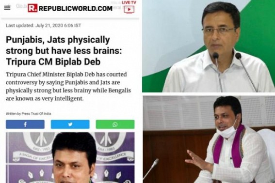 Tripura CM Biplab Deb’s controversial 'Jat Intelligence' Remark rocks National Media Headlines : Congress National Spokesperson Randeep Singh Surjewala sought 'Action' against Biplab Deb Tripura CM Biplab Deb’s controversial 'Jat Intelligence' Remark rocks National Media Headlines : Congress National Spokesperson Randeep Singh Surjewala sought 'Action' against Biplab Deb